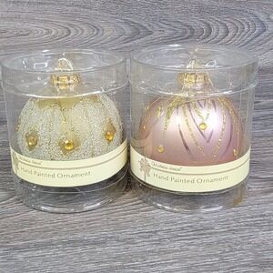 Christmas House and Painted Ornaments Lot of Two Gold Pink Glitter Beaded New‎